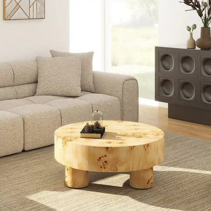 Nebula 35.5 Burl Wood Round Coffee Table with Pillar Legs
