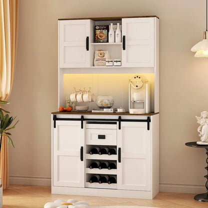 Farmhouse Bar Cabinet with Sliding Barn Door, Large Kitchen BuffetRustic Coffee Bar Sideboard Table,White