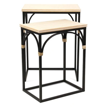 Claudette Set of 2 Rattan Accented Wood & Metal Rectangle Side Tables