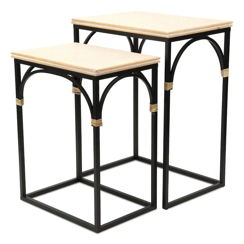 Claudette Set of 2 Rattan Accented Wood & Metal Rectangle Side Tables
