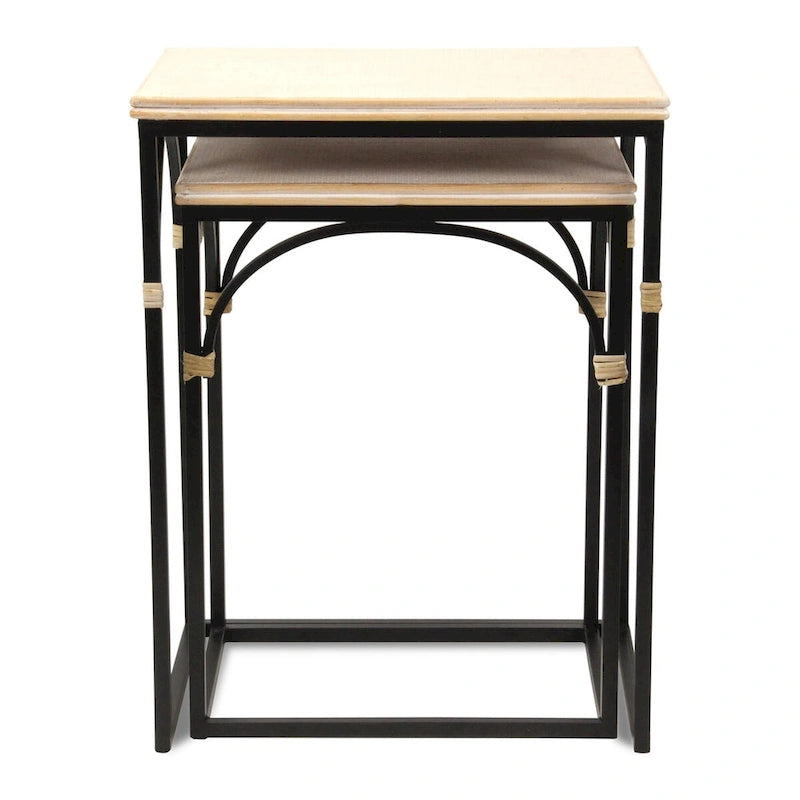 Claudette Set of 2 Rattan Accented Wood & Metal Rectangle Side Tables
