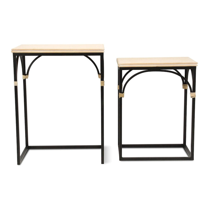 Claudette Set of 2 Rattan Accented Wood & Metal Rectangle Side Tables