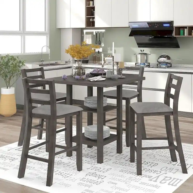 5 PCS Wooden Counter Height Dining Set with Padded Chairs and Storage Shelving