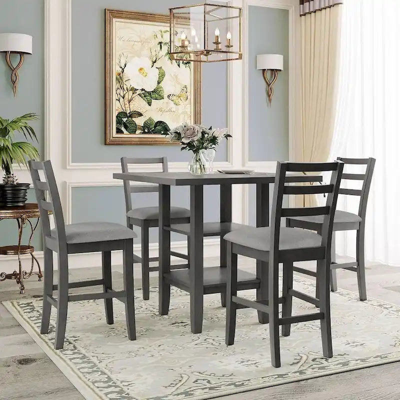 5 PCS Wooden Counter Height Dining Set with Padded Chairs and Storage Shelving