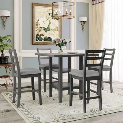 5 PCS Wooden Counter Height Dining Set with Padded Chairs and Storage Shelving