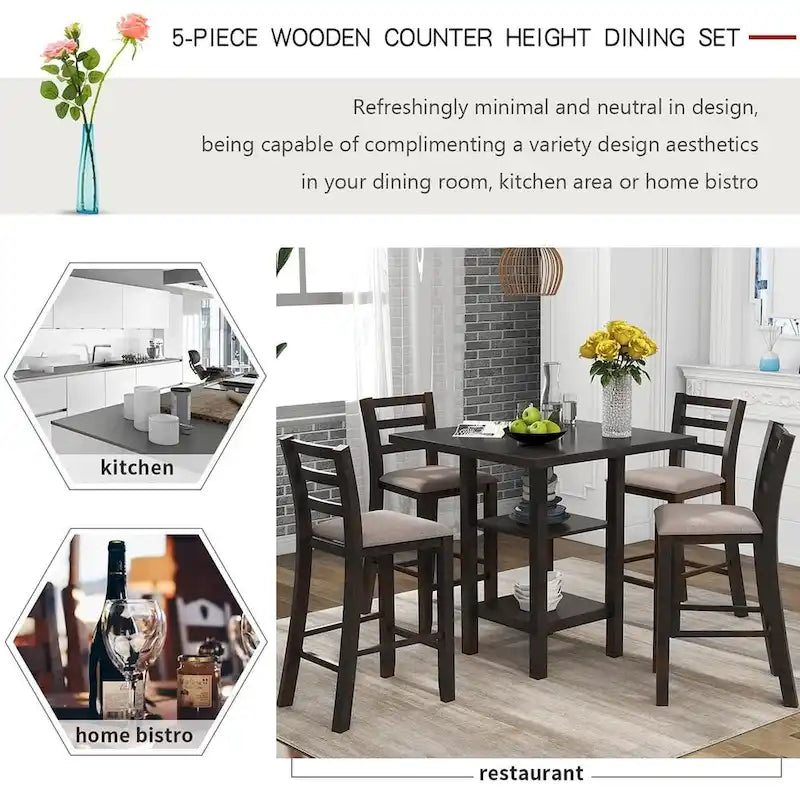 5 PCS Wooden Counter Height Dining Set with Padded Chairs and Storage Shelving