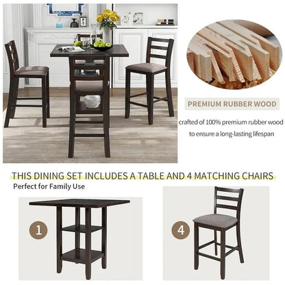 5 PCS Wooden Counter Height Dining Set with Padded Chairs and Storage Shelving