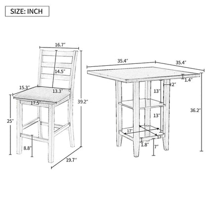 5 PCS Wooden Counter Height Dining Set with Padded Chairs and Storage Shelving