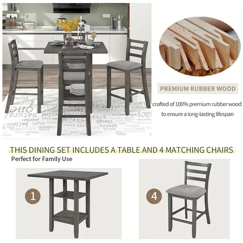 5 PCS Wooden Counter Height Dining Set with Padded Chairs and Storage Shelving