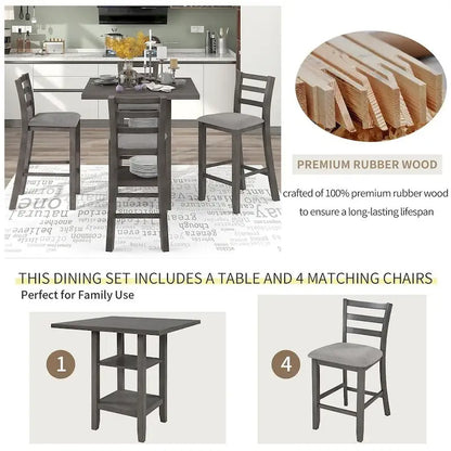 5 PCS Wooden Counter Height Dining Set with Padded Chairs and Storage Shelving