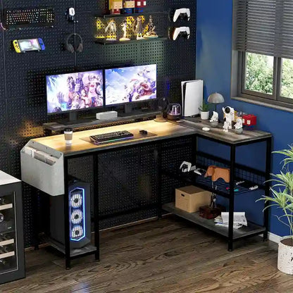 Modern L Shaped Computer Desk with Power Outlets & LED Light