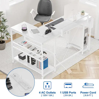 Modern L Shaped Computer Desk with Power Outlets & LED Light