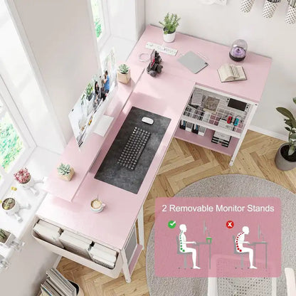 Modern L Shaped Computer Desk with Power Outlets & LED Light