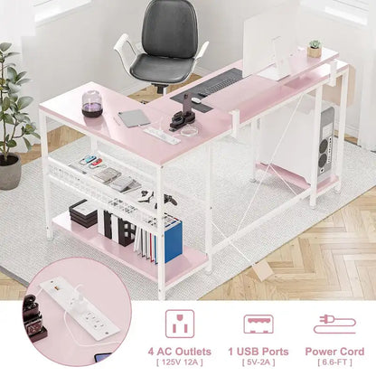 Modern L Shaped Computer Desk with Power Outlets & LED Light