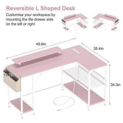 Modern L Shaped Computer Desk with Power Outlets & LED Light