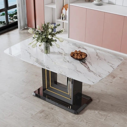 Dining table. White imitation marble pattern desktop. Black MDF table legs with gold lines and black base
