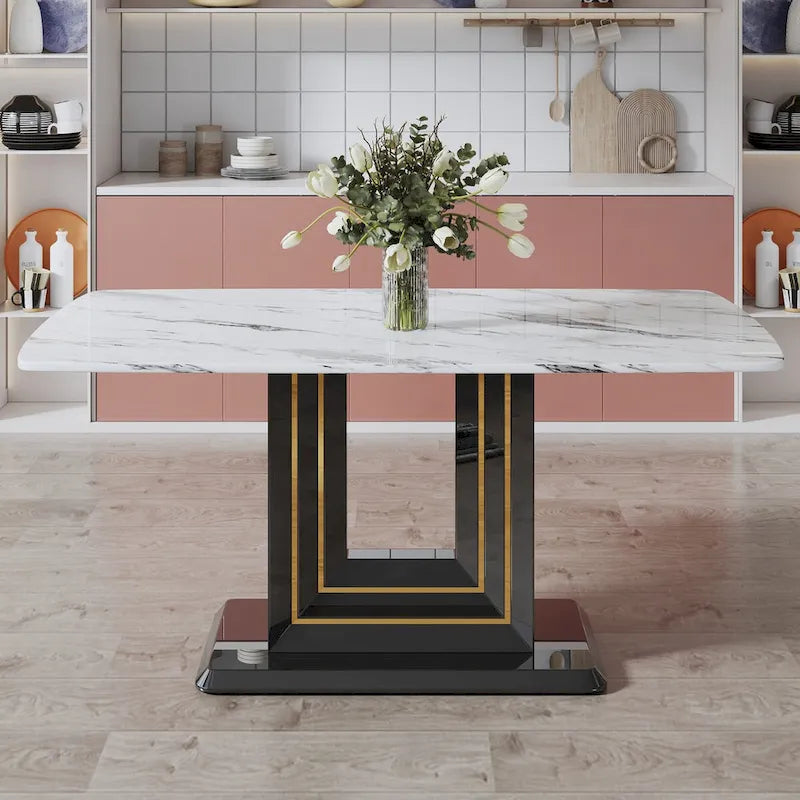 Dining table. White imitation marble pattern desktop. Black MDF table legs with gold lines and black base