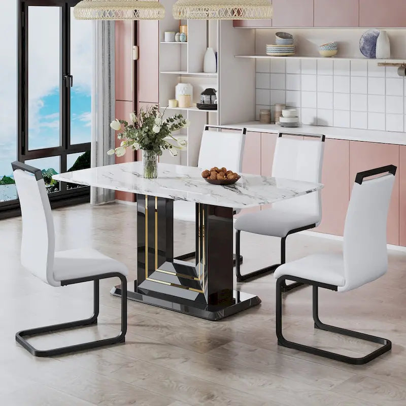 Dining table. White imitation marble pattern desktop. Black MDF table legs with gold lines and black base