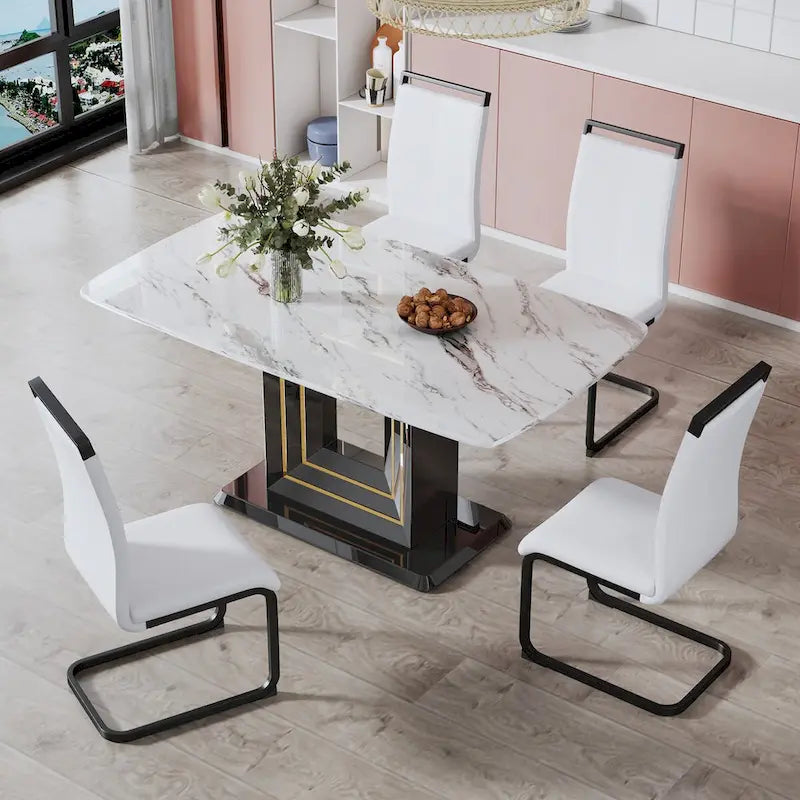 Dining table. White imitation marble pattern desktop. Black MDF table legs with gold lines and black base