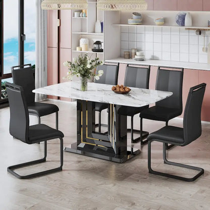 Dining table. White imitation marble pattern desktop. Black MDF table legs with gold lines and black base