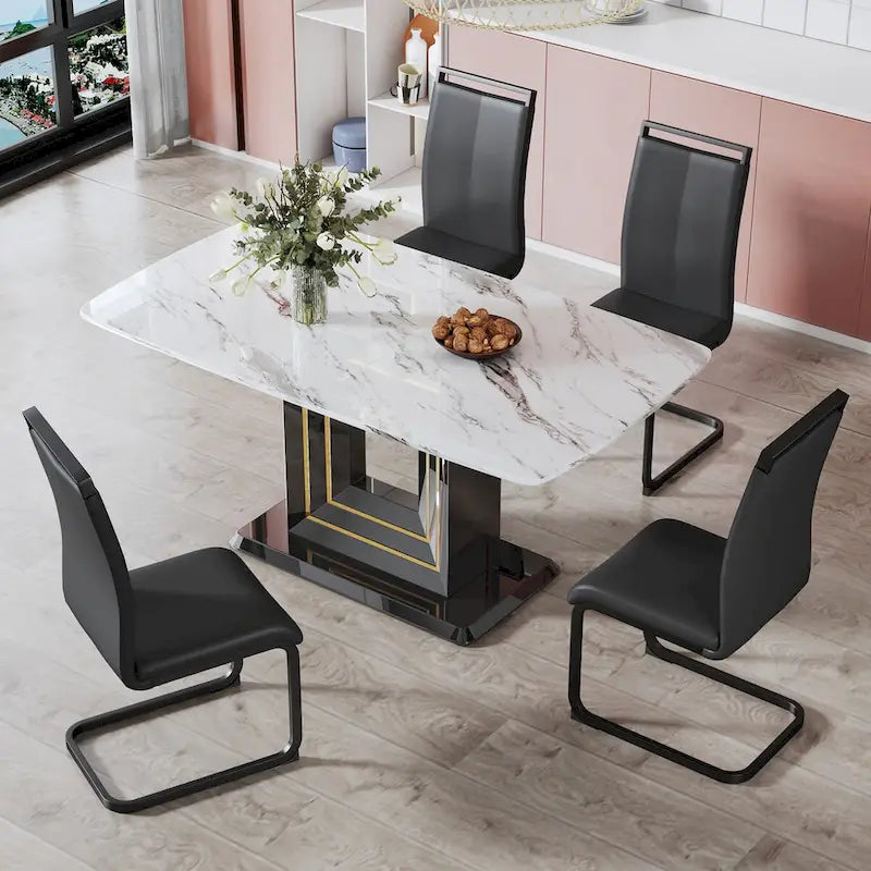 Dining table. White imitation marble pattern desktop. Black MDF table legs with gold lines and black base