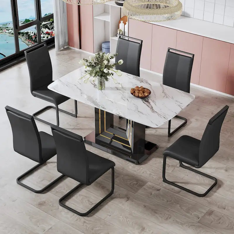 Dining table. White imitation marble pattern desktop. Black MDF table legs with gold lines and black base
