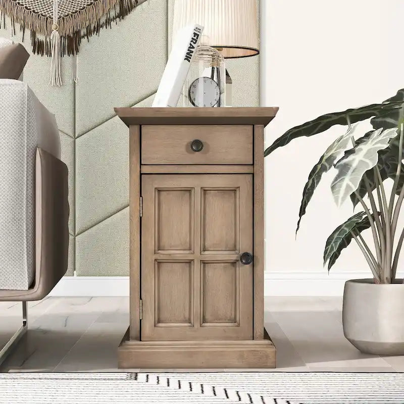 Classic Vintage Living Room End Table Side Table with USB Ports and One Multifunctional Drawer with Cup Holders