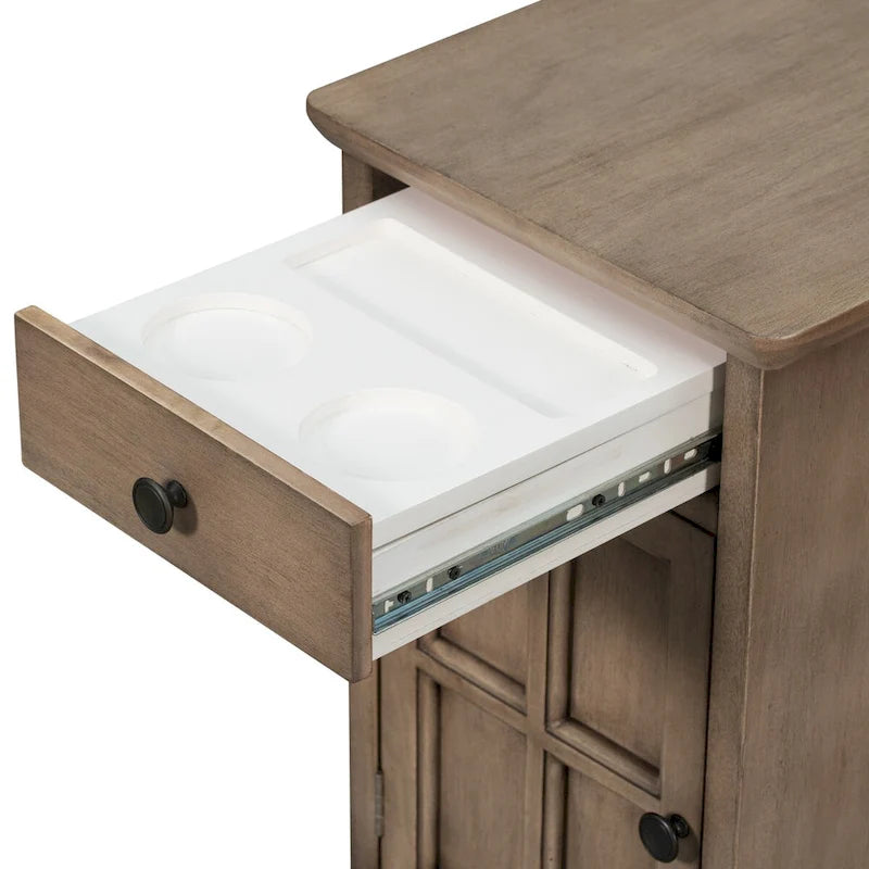 Classic Vintage Living Room End Table Side Table with USB Ports and One Multifunctional Drawer with Cup Holders
