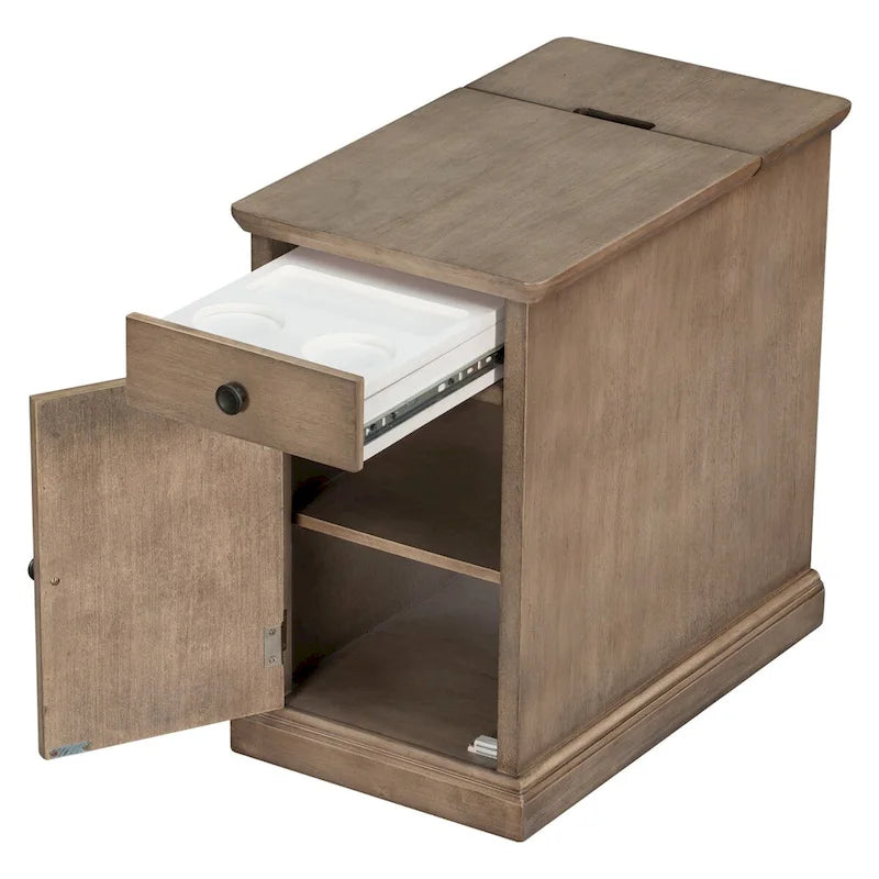 Classic Vintage Living Room End Table Side Table with USB Ports and One Multifunctional Drawer with Cup Holders