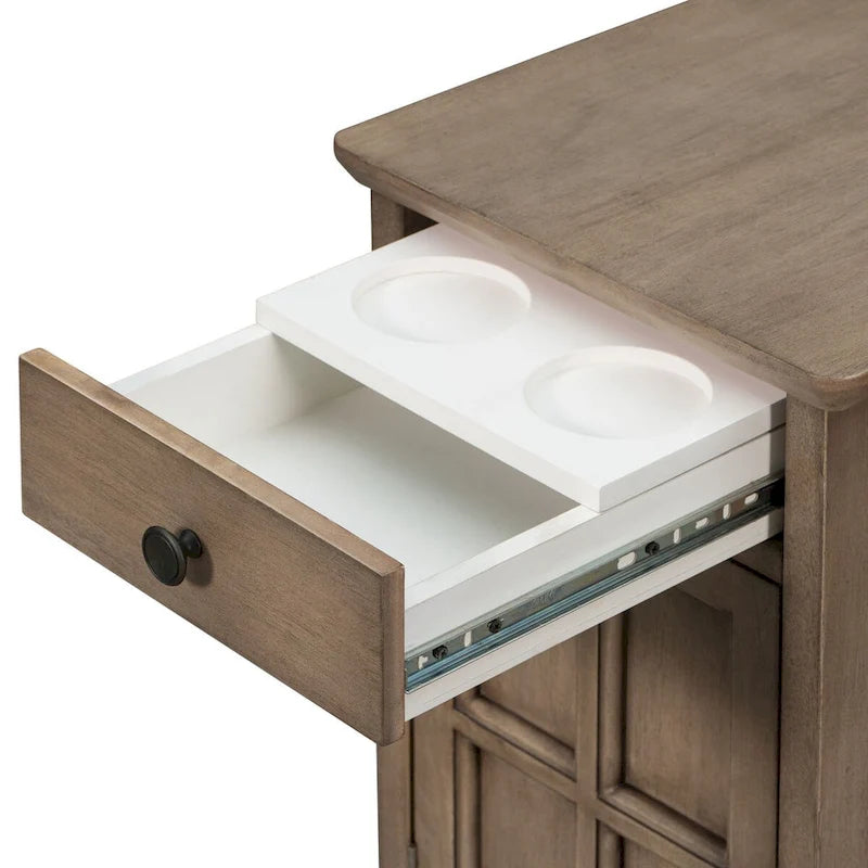 Classic Vintage Living Room End Table Side Table with USB Ports and One Multifunctional Drawer with Cup Holders