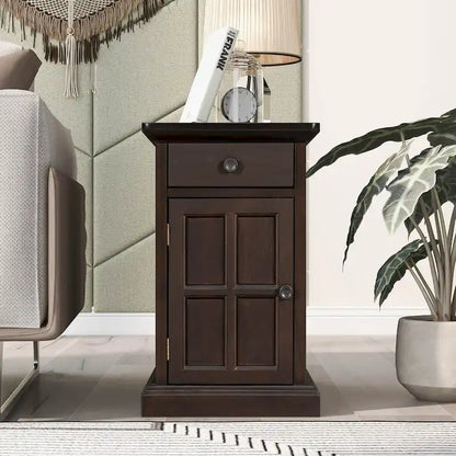Classic Vintage Living Room End Table Side Table with USB Ports and One Multifunctional Drawer with Cup Holders