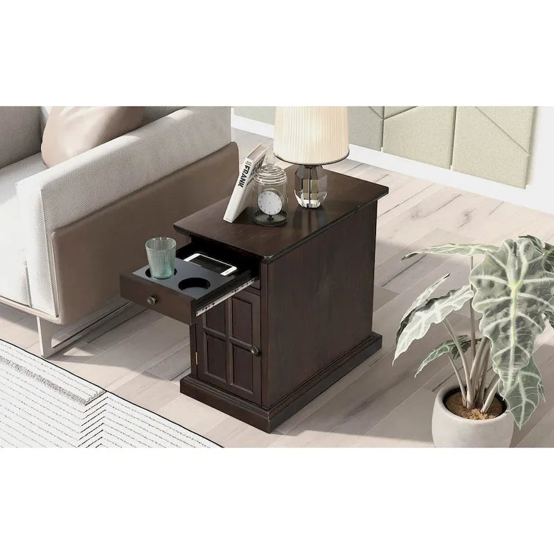 Classic Vintage Living Room End Table Side Table with USB Ports and One Multifunctional Drawer with Cup Holders