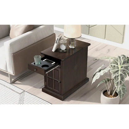 Classic Vintage Living Room End Table Side Table with USB Ports and One Multifunctional Drawer with Cup Holders