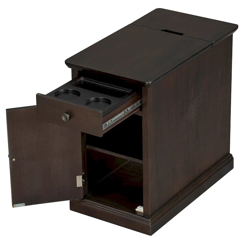 Classic Vintage Living Room End Table Side Table with USB Ports and One Multifunctional Drawer with Cup Holders